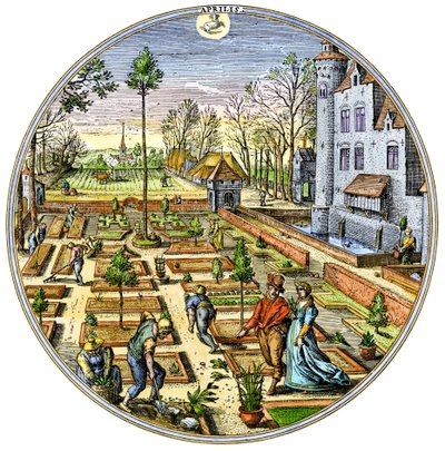 Agriculture : Jardinage dans un potager européen au début du printemps vers 1590. Gravure en couleur du 16ème siècle - Unbekannter Künstler