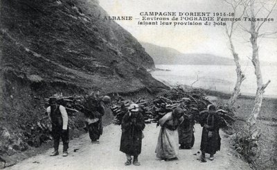 Albanie : femmes gitanes portant des fagots de bois sur le dos - Carte postale 1914-1918 - William M. Timlin