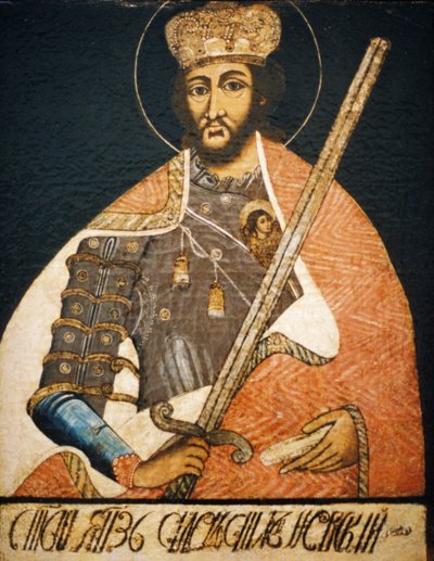 Alexandre Nevski représenté comme un saint guerrier dans un portrait par un artiste inconnu du début du XVIIIe siècle, Musée d