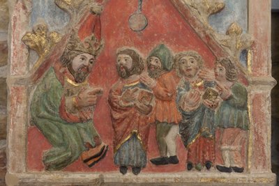 Retable. pierre polychrome. Seconde moitié du XIVe siècle. Origine ancienne église paroissiale de Torre de Rialb. Détail. Registre moyen. Panneau gauche. Partie supérieure : les Saints Iscle et Victoria avec les officiels. - Unbekannt
