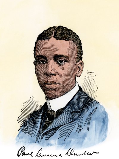 Poète américain Paul Lawrence Dunbar (1872-1906), avec son autographe. Gravure sur bois colorée à la main d