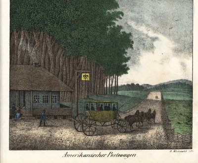 Un bureau de poste américain et une diligence. Lithographie pour le livre : "Galerie complète en tableaux fidèles des peuples d