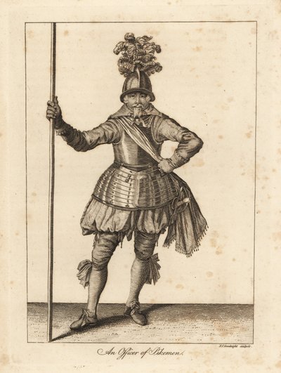 Un officier de piquiers en uniforme militaire avec casque, armure de plastron, écharpe, culotte, bas avec épée et pique - Unbekannt
