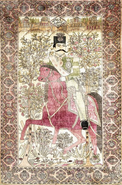 Tapis pictural antique en soie de Kashan "mochtasham", représentant la figure montée de Naser al-Din Shah - Unbekannt