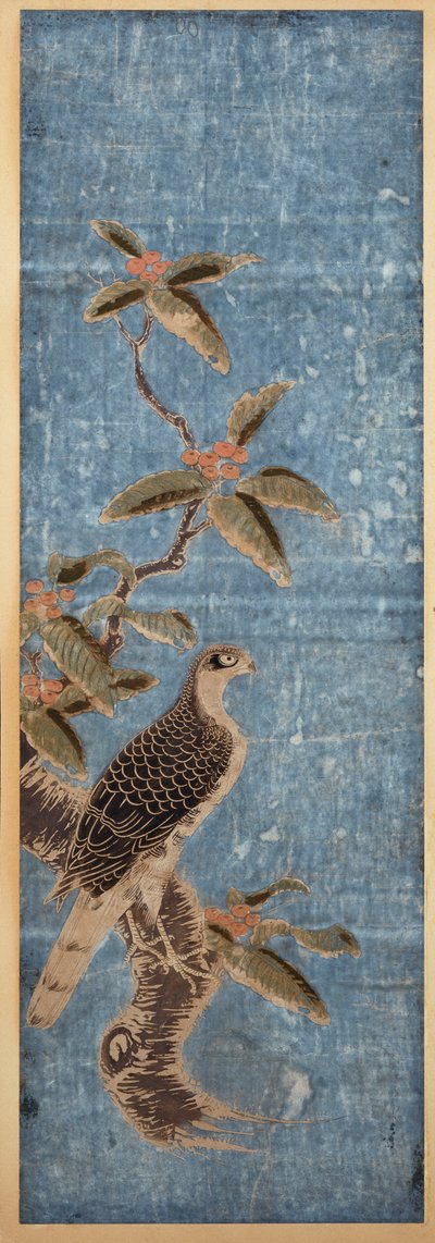 Un ishizuri-e représentant un faucon perché sur une branche de nanten, sur fond bleu - Unbekannt