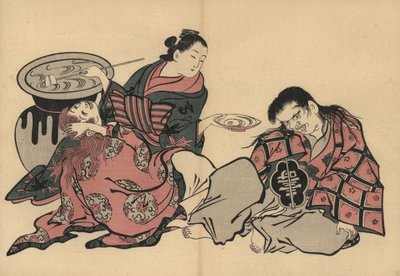 Une courtisane oiran jouant avec deux shojo et du saké d