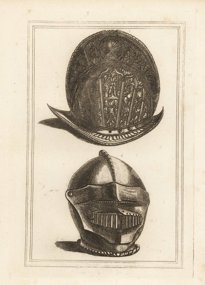 Ancien casque morion vénitien orné de trophées militaires, et un casque bourguignon avec visière et mentonnière unifiées de la Tour de Londres - Unbekannt