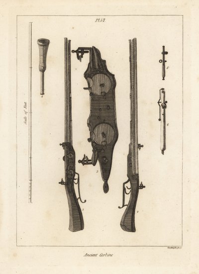 Ancienne carabine avec deux charges dans le même canon tirées par deux silex, silex, baguette et clés - Unbekannt
