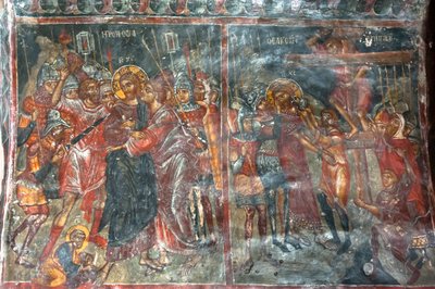 Fresques anciennes ; peintures murales ; baiser de Judas ; Crucifixion de Jésus ; Église Panagia et Sotiras ; Église orthodoxe grecque ; Roustika ; Crète ; Grèce ; Europe - Unbekannt