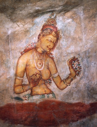 Apsaras, nymphe céleste offrant des fleurs, fresque, citadelle fortifiée de Sigiriya (Liste du patrimoine mondial de l