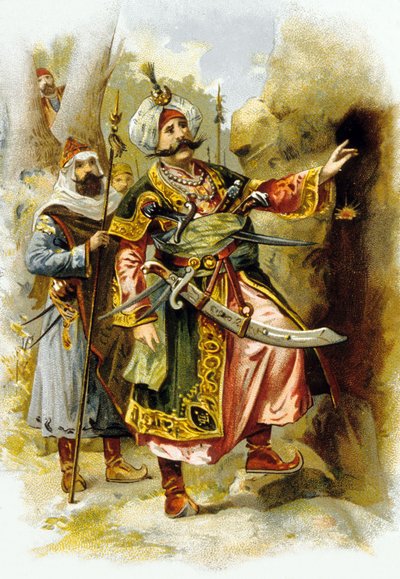 Les Mille et Une Nuits : Ali Baba et les Quarante Voleurs : le chef des voleurs disant "Sésame, ouvre-toi", publicité pour "Le Bon Marché" c. 1900 - Unbekannter Künstler