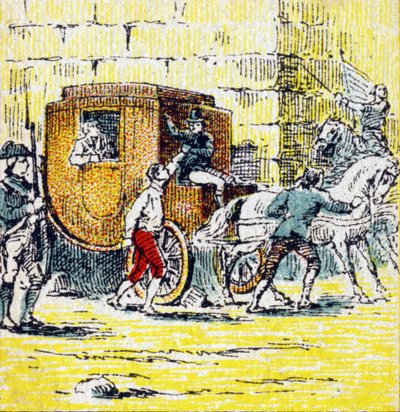 Arrestation de Louis XVI et de sa famille en fuite à Varennes le 21 juin 1791. Gravure dans "Histoire de France". Série d