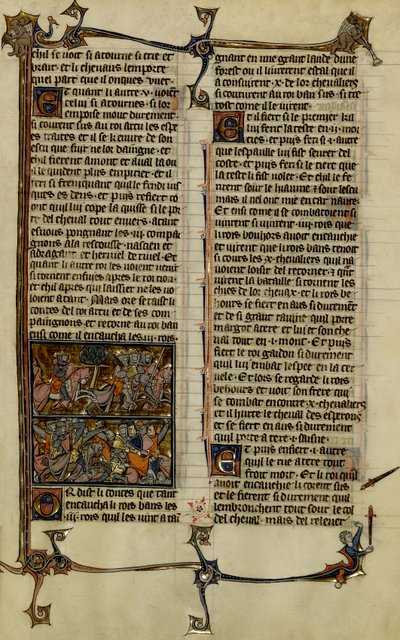 Légende arthurienne (quête du Saint Graal) : Benoic chasse les Saxons et la bataille de Danablaise sont deux enluminures extraites du manuscrit Histoire de Merlin, datant du XIIIe siècle entre 1280-1290 - Unbekannter Künstler