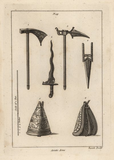 Armes asiatiques : hache de combat 1, poignard 2, hache de combat Rohilla 3, cresse ou kris indien 3, et flasque à poudre orientale 5,6 - Unbekannt