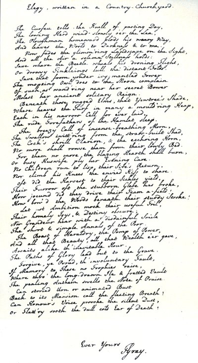 Copie autographe de la main du poète Thomas Gray, de son poème 