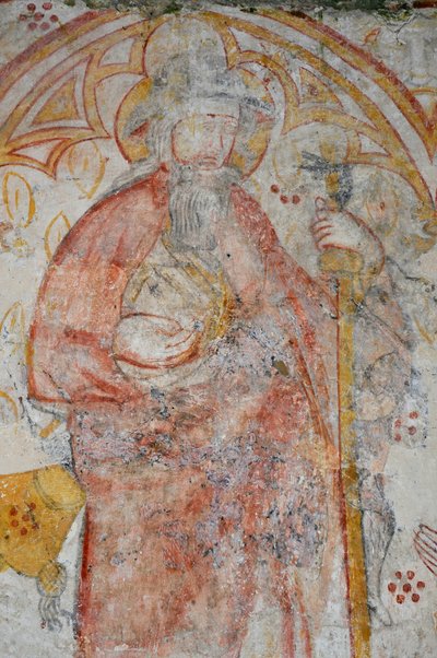 Avy, Église Notre-Dame. Fresque du 14ème siècle (Vierge et Enfant entourés, adoration par des pèlerins accompagnés de leurs saints patrons). - Unbekannter Künstler