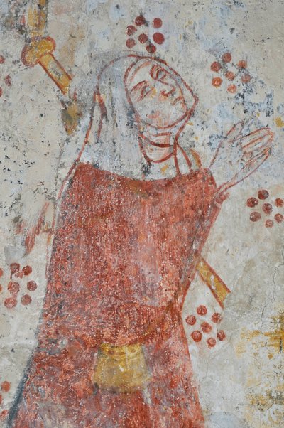 Avy, Église Notre-Dame. Fresque du 14ème siècle (Vierge et Enfant entourés, adoration par des pèlerins accompagnés de leurs saints patrons). - Unbekannter Künstler