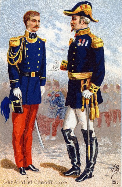 B : Général et ordonnance. Gravure dans « Alphabet militaire ». Initiales de l