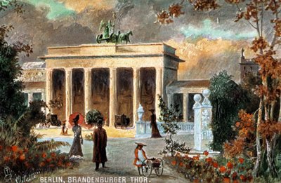 Berlin - Brandenburger Thor. Vue de la Porte de Brandebourg, avec des fleurs et des passants, fin du 19e/début du 20e siècle - Unbekannter Künstler