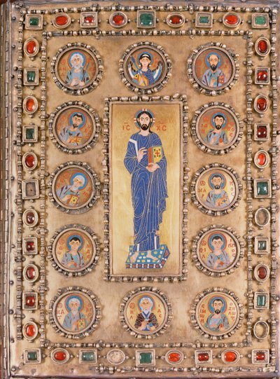 Couverture de livre représentant le Christ bénissant, avec des médaillons représentant des saints - Unbekannt
