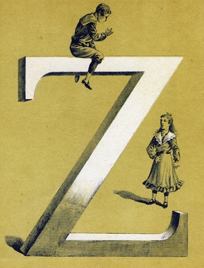 Garçon assis sur la lettre Z et petite fille debout en dessous. Alphabet illustré. Imageries réunies à Jarville-Nancy, début du 20ème siècle. - Unbekannt