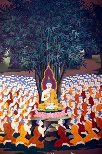 Bouddha enseignant aux disciples, fresque murale, temple Wat Botum, Phnom Penh, 2022 - Unbekannter Künstler