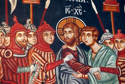 Fresque byzantine du 15e siècle, trahison de Judas et arrestation de Jésus, église de l