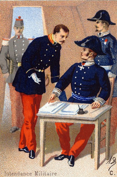 C : Intendance militaire. Gravure dans « Alphabet militaire ». Initiales de l