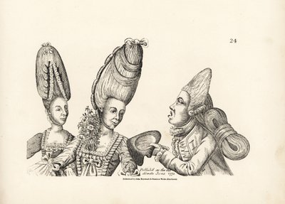 Caricature des modes de la fin du 18e siècle : femmes avec de hautes perruques et un jardin de fleurs dans le décolleté, et macaroni avec une haute perruque et une masse extravagante de cheveux attachés à l