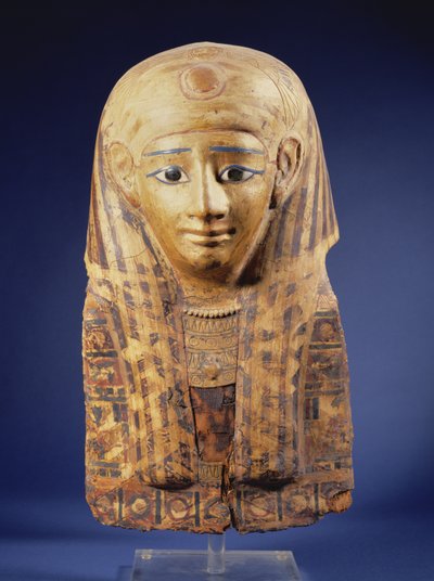 Coiffure de momie en cartonnage avec perruque à pans, les yeux incrustés d