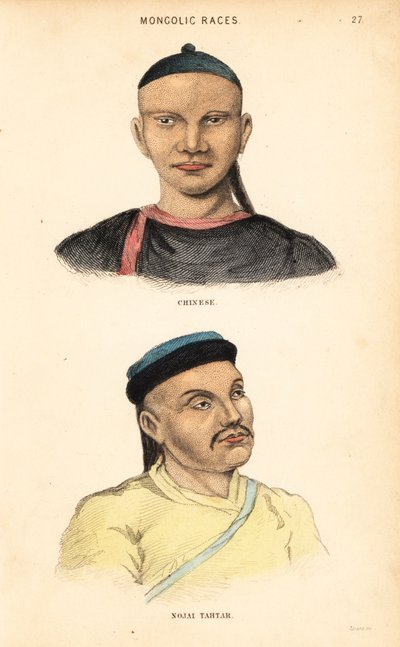 Homme chinois et homme tatar de la Horde Nogai. Races mongoles. Gravure sur acier colorée à la main par Lizars d