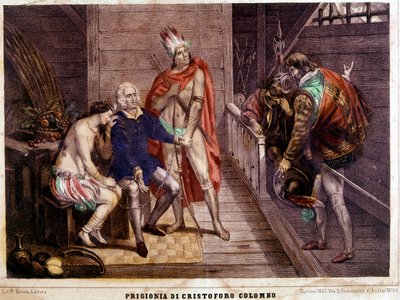 Christophe Colomb (Colombo) enchaîné en 1500 à son retour en Espagne - Gravure italienne de 1861 - Unbekannter Künstler