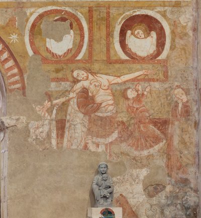 Église Saint-Martin. Intérieur. Peintures murales (fresque). Mur ouest de la nef. Détail. Descente de croix. XIIe siècle. - Unbekannt