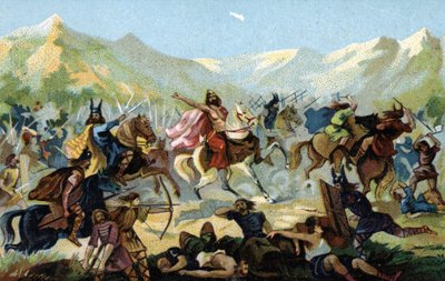 Clovis I (466-511), roi des Francs, lors de la bataille de Tolbiac en 496 contre la tribu germanique des Alamans, a juré de se convertir en cas de victoire. Fin du XIXe siècle (chromolithographie) - Unbekannter Künstler
