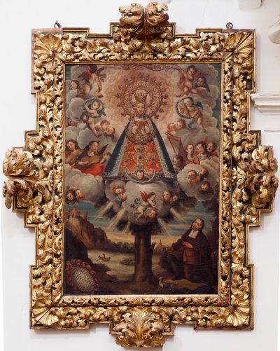 Église collégiale. Intérieur. Peinture. (Nuestra Señora de la Esperanza). Texte dans un médaillon : “RETRA TOD LA MIL CROSA Imajen DNUESTRA S DL Esperanza A Parecida A Fernando de ZILLLa Faña iezi rodela Villa Riue mde el Tajo ter mi?to esta villa”. - Unbekannt