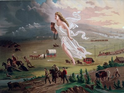 Concept de la Destinée Manifeste : Figure allégorique féminine portant un fil télégraphique électrique, menant des pionniers américains et des chemins de fer vers l