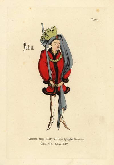 Costume du roi Richard II, en tunique courte et ample bordée de fourrure, ceinturée aux hanches avec une ceinture, chaussures pointues, coiffure ronde avec longue queue et couronne de tissu coupée en forme de feuilles - Unbekannt