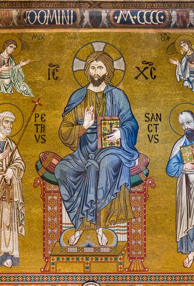 Contre-façade : mosaïque "Majesté du Christ en trône entre les Saints Pierre et Paul", XIIe siècle, Chapelle Palatine, Palais des Normands, Palerme, Sicile, Italie - Unbekannter Künstler