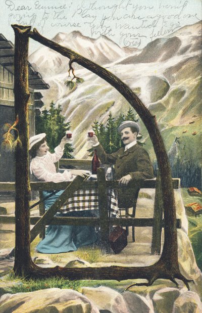 D : Un homme et une femme assis à une table devant un chalet montagnard trinquent, un verre de vin à la main - Alphabet personnages Ref Th. E., L. Theochrom - Série 994. Theodor Eisman, éditeur, Leipzig - Unbekannt