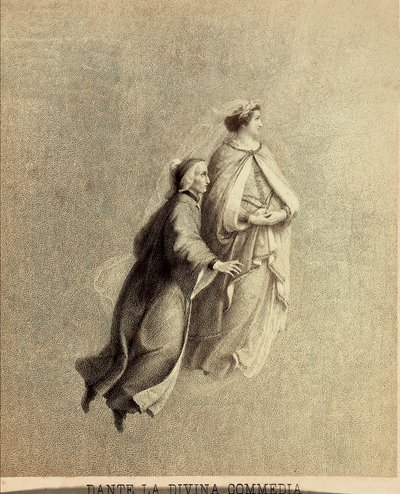 Dante et Béatrice volant à travers le firmament du Paradis. Illustration du Chant I du Paradiso de La Divine Comédie de Dante Alighieri. Œuvre de Francesco Scaramuzza dédiée à la Municipalité de Florence - Unbekannter Künstler