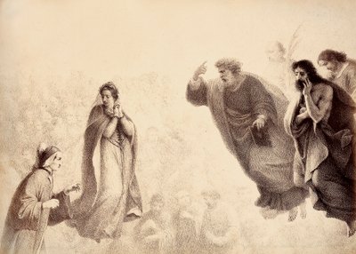 Dante et Béatrice devant les esprits lumineux des apôtres Pierre, Jacques et Jean. Pierre a le bras levé en signe de colère. Illustration du Chant XXVII du Paradis de La Divine Comédie de Dante Alighieri. Œuvre de Francesco Scaramuzza dédiée à la Municipal - Unbekannter Künstler