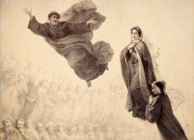 Dante et Béatrice rencontrent Saint Pierre. Illustration du Chant XXIV du Paradis de La Divine Comédie de Dante Alighieri. Œuvre de Francesco Scaramuzza dédiée à la Municipalité de Florence. - Unbekannter Künstler
