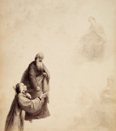 Dante, assisté par Saint Bernard, voit Béatrice assise sur un trône parmi les bienheureux, dans un halo de lumière. Illustration du Chant XXXI du Paradis de La Divine Comédie de Dante Alighieri. Œuvre de Francesco Scaramuzza dédiée à la Municipalité de Flo - Unbekannter Künstler