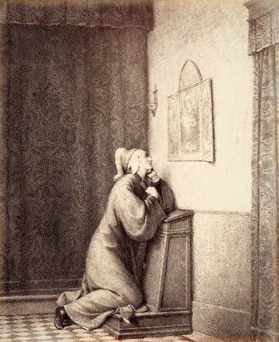 Dante à genoux en prière, le regard dirigé vers un triptyque. - Unbekannter Künstler