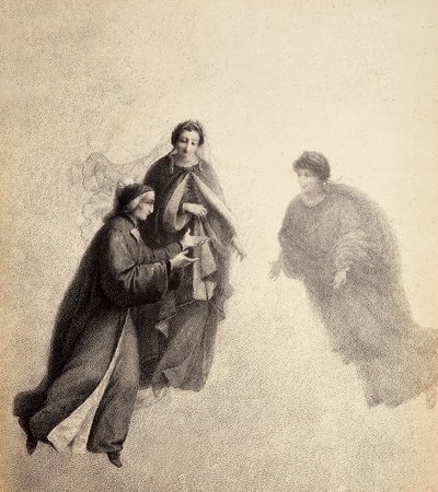 Dante, poussé par Béatrice, parle avec un esprit pieux. Illustration du Chant V du Paradis de La Divine Comédie de Dante Alighieri. Œuvre de Francesco Scaramuzza dédiée à la Municipalité de Florence. - Unbekannter Künstler