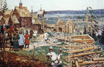 Représentation de la construction du Kremlin de Moscou en rondins sous le règne de Yuri Dolgoruky au XIIe siècle. - Unbekannter Künstler