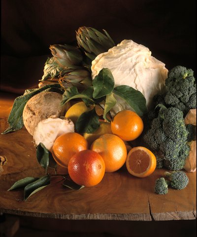 Régime : nature morte de brocolis, oranges, céleri-rave, artichauts, citrons et chou blanc. - William M. Timlin