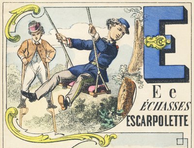 E : échasses, escarpolette - Alphabet des jeux, vers 1890 (illustration) - Unbekannt