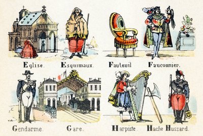 E église esquimaux - F fauteuil fauconnier - G gendarme gare - H harpiste hache hussard - Alphabet - divertissements enfantins - Imagerie d