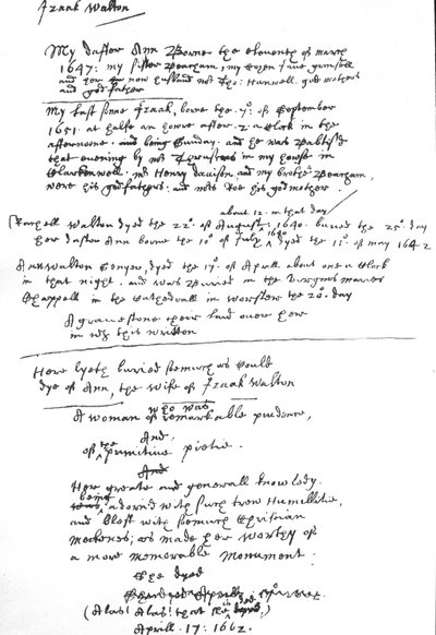 Entrées par Izaak Walton sur son exemplaire du Livre de la prière commune, après 1662 - Unbekannt
